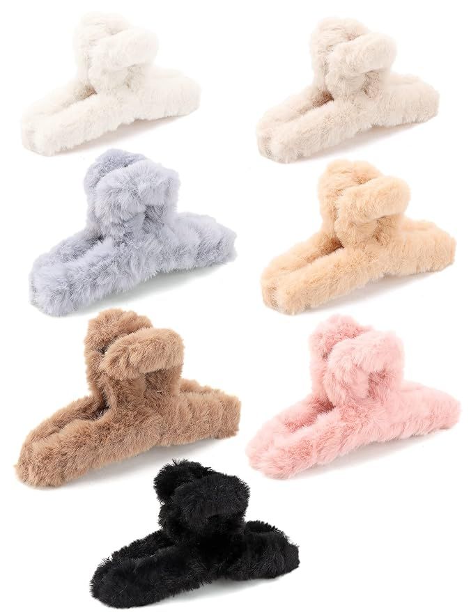 Claw Clips, 7 Pcs Fuzzy Hair Clips, 4.5" Hair Claw Clips for Thick Hair, Must Have Fuzzy Claw Cli... | Amazon (US)