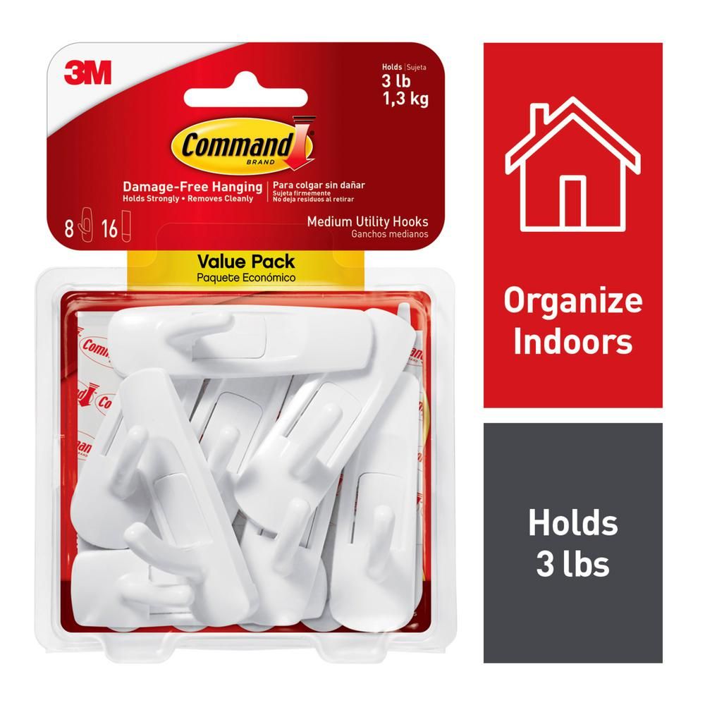 Medium White Utility Hook Value Pack (8 Hooks, 16 Strips) | The Home Depot