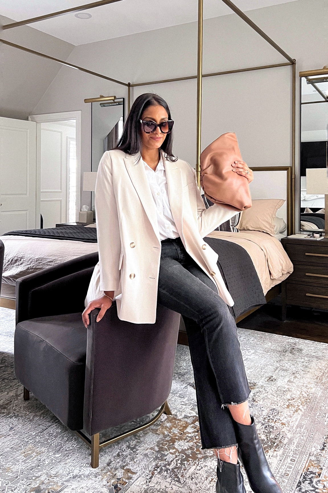 Parisian inspired outfit Day 1: classic and simple with a blazer, kick flare crop jeans, a white button down and pointed toe booties. Add a bag with interest. Perfect for day, work day, or night. 

Fall outfits, oversized blazer, fall booties, cropped denim. 

#LTKstyletip #LTKSeasonal #LTKunder100