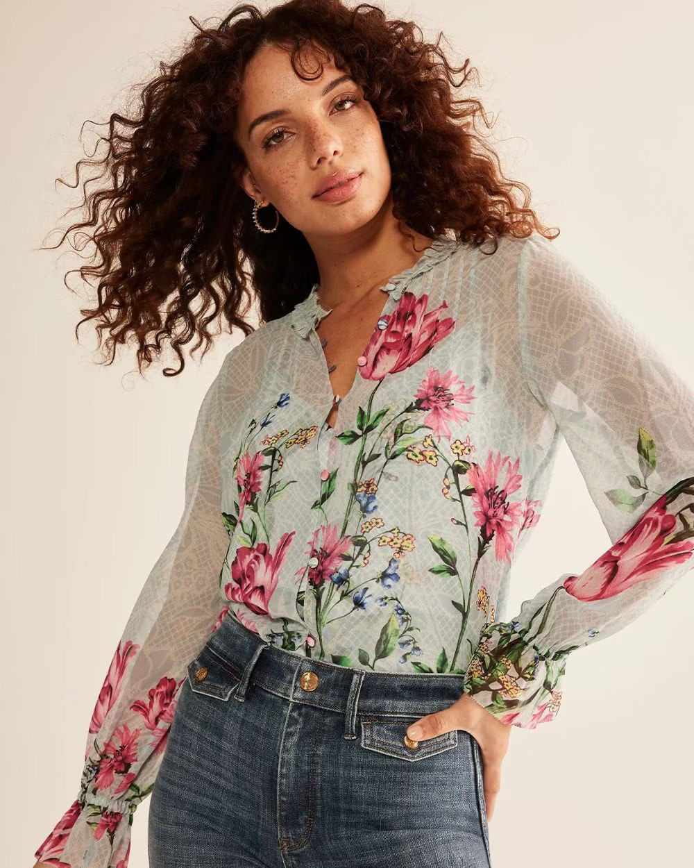 Long Sleeve V-Neck Pintuck Detail Blouse | White House Black Market