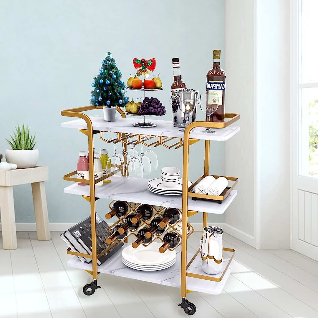 Jubao 3-Tier Gold Bar Cart, Upgraded Rolling Serving Cart with Wheels Modern Wine Cart with Wine Rac | Amazon (US)
