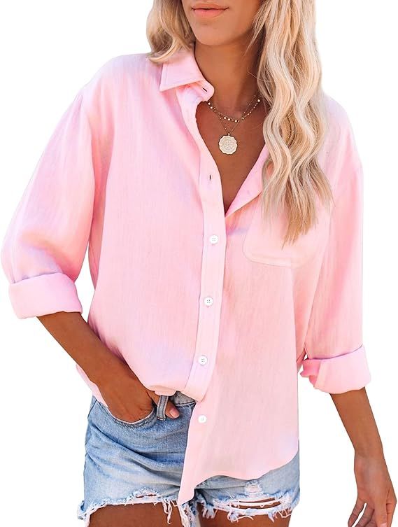 siliteelon Womens Button Down Shirts Cotton Dress Shirts Long Sleeve Blouses V Neck Solid Casual ... | Amazon (US)