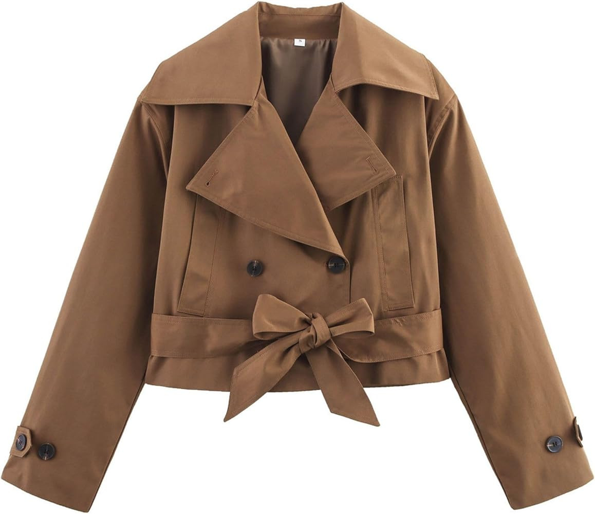 Xunger Women's Stylish Short Trench Coat Bow Belt Casual Long Sleeve Jacket Lightweight Spring Fa... | Amazon (US)