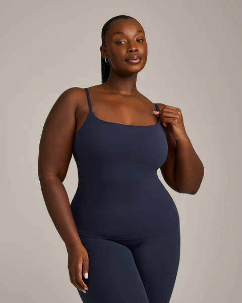 SoftMotion™ Strappy Tank Top with Built in Bra Shelf with Gray Logo 
 True Blue | Oner Active (UK / US)