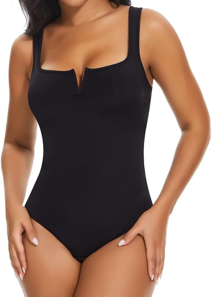 SHAPERIN Women's Notch V Square Neck Sleeveless Bodysuit Tank Tops Tummy Control Shapewear Thong ... | Amazon (US)
