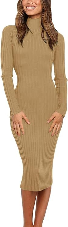 MEROKEETY Women's Ribbed Long Sleeve Sweater Dress High Neck Slim Fit Knitted Midi Dress | Amazon (US)