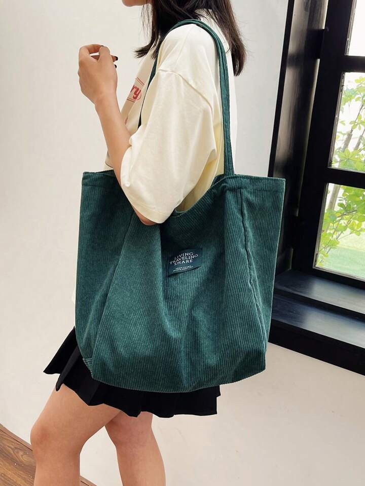 1pc Solid Color Corduroy Material Large Capacity Foldable Lightweight Fashion Shoulder Tote Bag F... | SHEIN