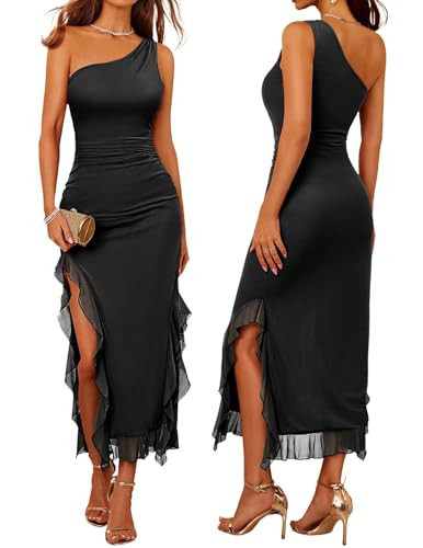 DRESSTELLS Women's Cocktail Party Formal Wedding Guest Dress Long One Shoulder Mesh Sexy Ruched Bodycon Ruffle High Slit Maxi Evening Gown Black L | Amazon (US)