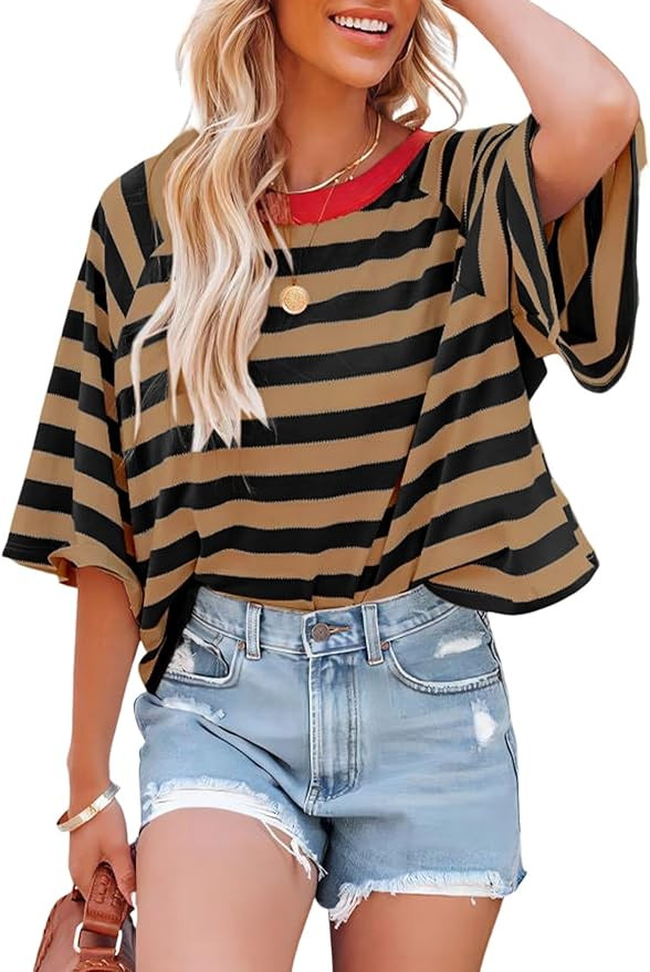 Dokotoo Tops for Women Striped 2026 Fashion T Shirts for Women Color Block Crewneck Design Loose ... | Amazon (US)