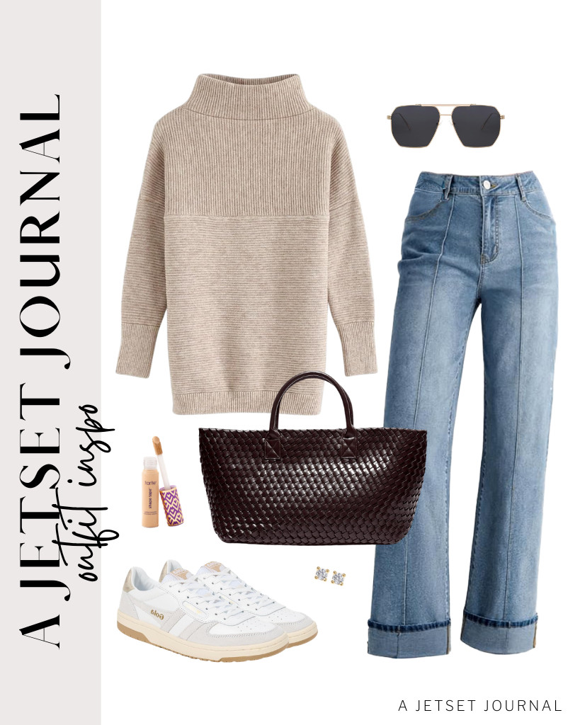 Pair a chic khaki turtleneck with trendy Sidefeel cuffed jeans and Gola Hawk sneakers. Complement the outfit with a lovely woven top-handle bag and stylish SOJOS polarized sunglasses, topped off with lovely PAVOI flat-back stud earrings! 

 #LTKSeasonal #LTKSaleAlert #LTKTravel