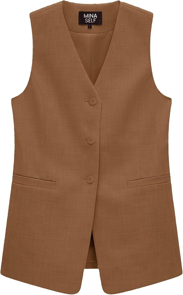 Mina Self 2026 Summer Women's Linen Vest Tops - Long Fully-Lined V-Neck Lightweight Trendy Office... | Amazon (US)