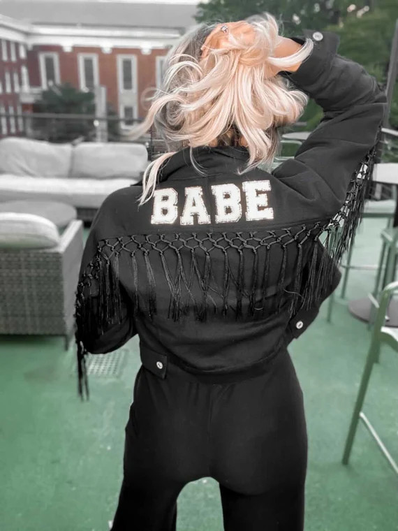 Black Macrame Fringe Bride Jacket  | White Gold Patches | Personalized Bride Jacket | Custom Mrs.... | Etsy (US)