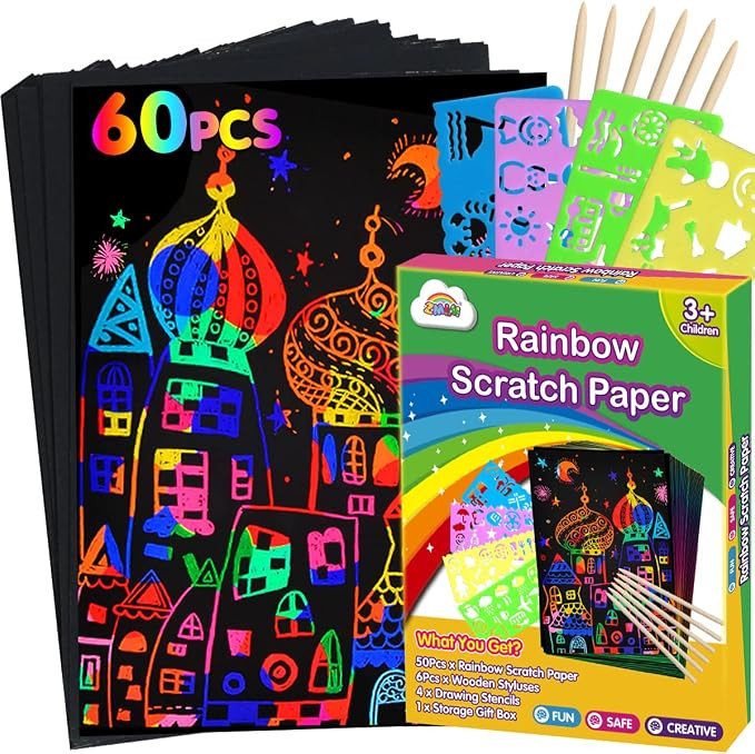 ZMLM Scratch Paper Art Set: 60Pcs Magic Drawing Art Craft Kid Mother Gifts Scratch Paper Supply T... | Amazon (US)