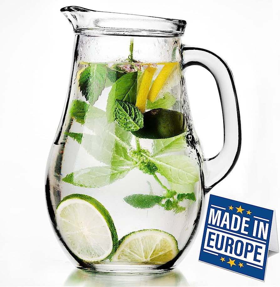 Glass Water Pitcher with Lid and Spout, Jug with Glass Handle for Iced Tea Juice Water Soda, Old-... | Amazon (US)