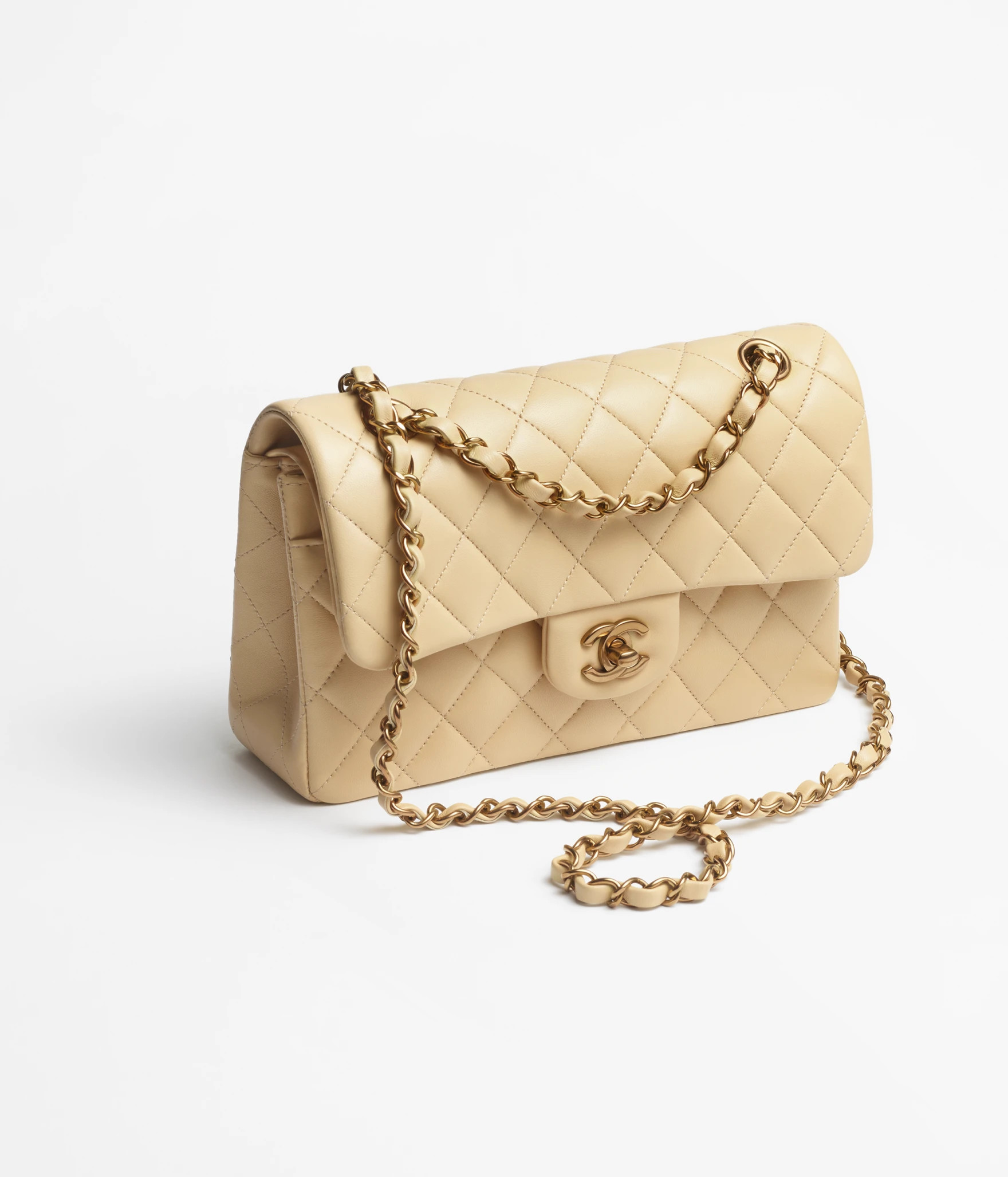 Small classic handbag, Lambskin & brown metal, beige — Fashion | CHANEL | Chanel, Inc. (US)