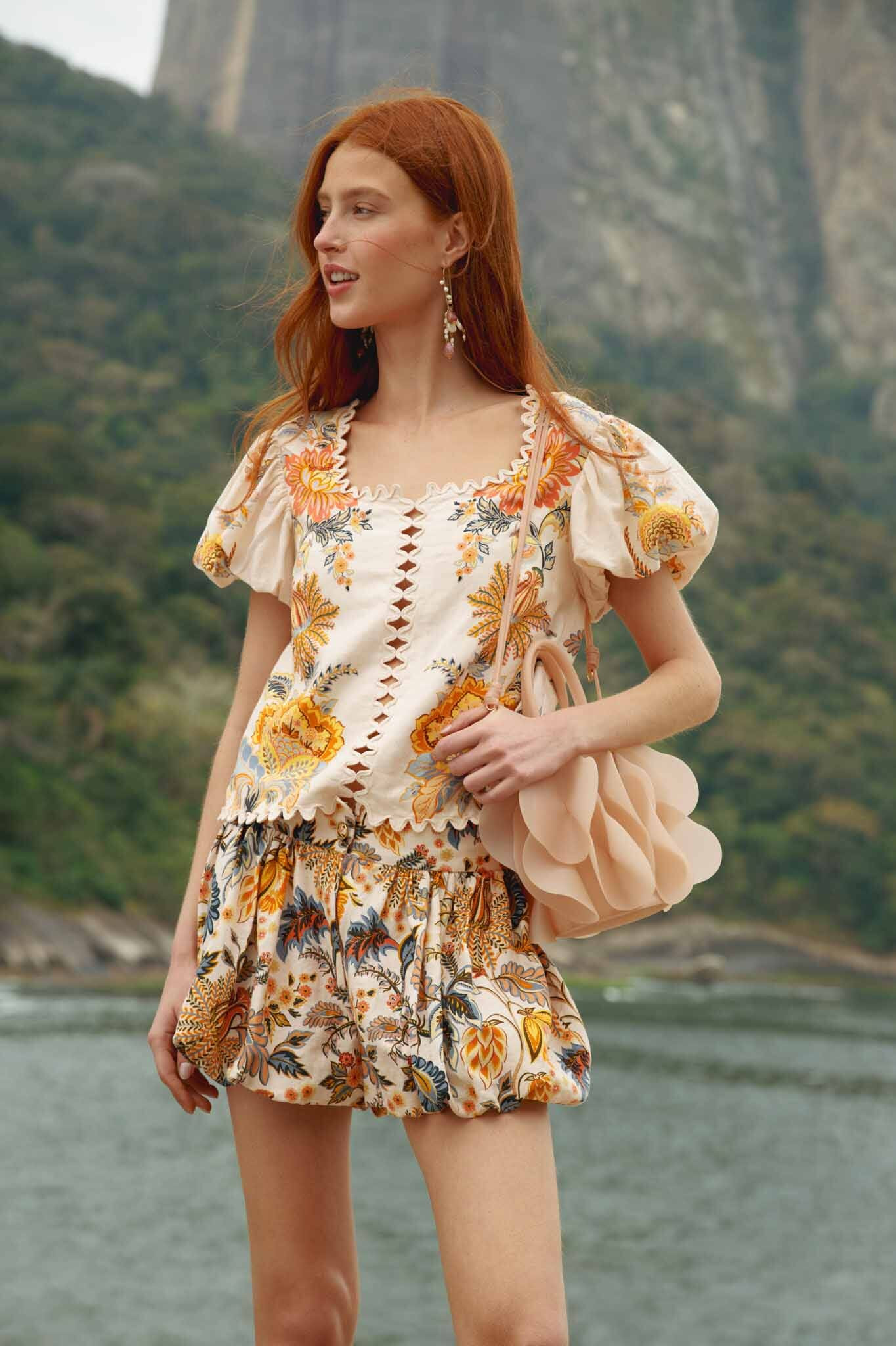 Off-White Ligia Lenzing Ecovero Euroflax Shorts, LIGIA FLORAL LIGHT PINK / L | FarmRio (US)