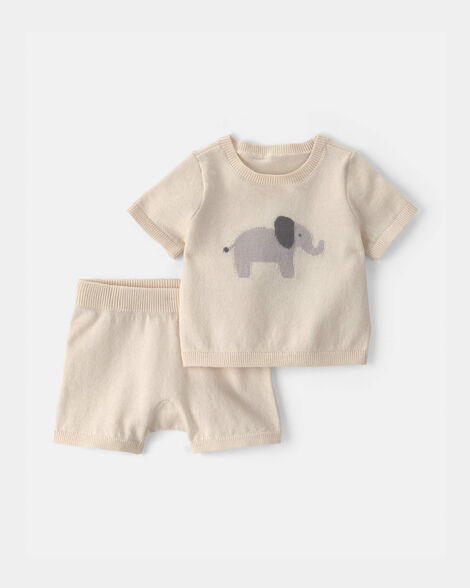 Baby 2-Piece Elephant Short-Sleeve Sweater Top & Short Set - Ivory | Carter's | Carter's Inc