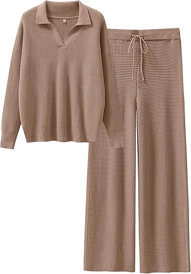 ANRABESS Womens Two Piece Outfits Sweater Sets Waffle Knit Pullover Wide Leg Pants Tracksuit Swea... | Amazon (US)