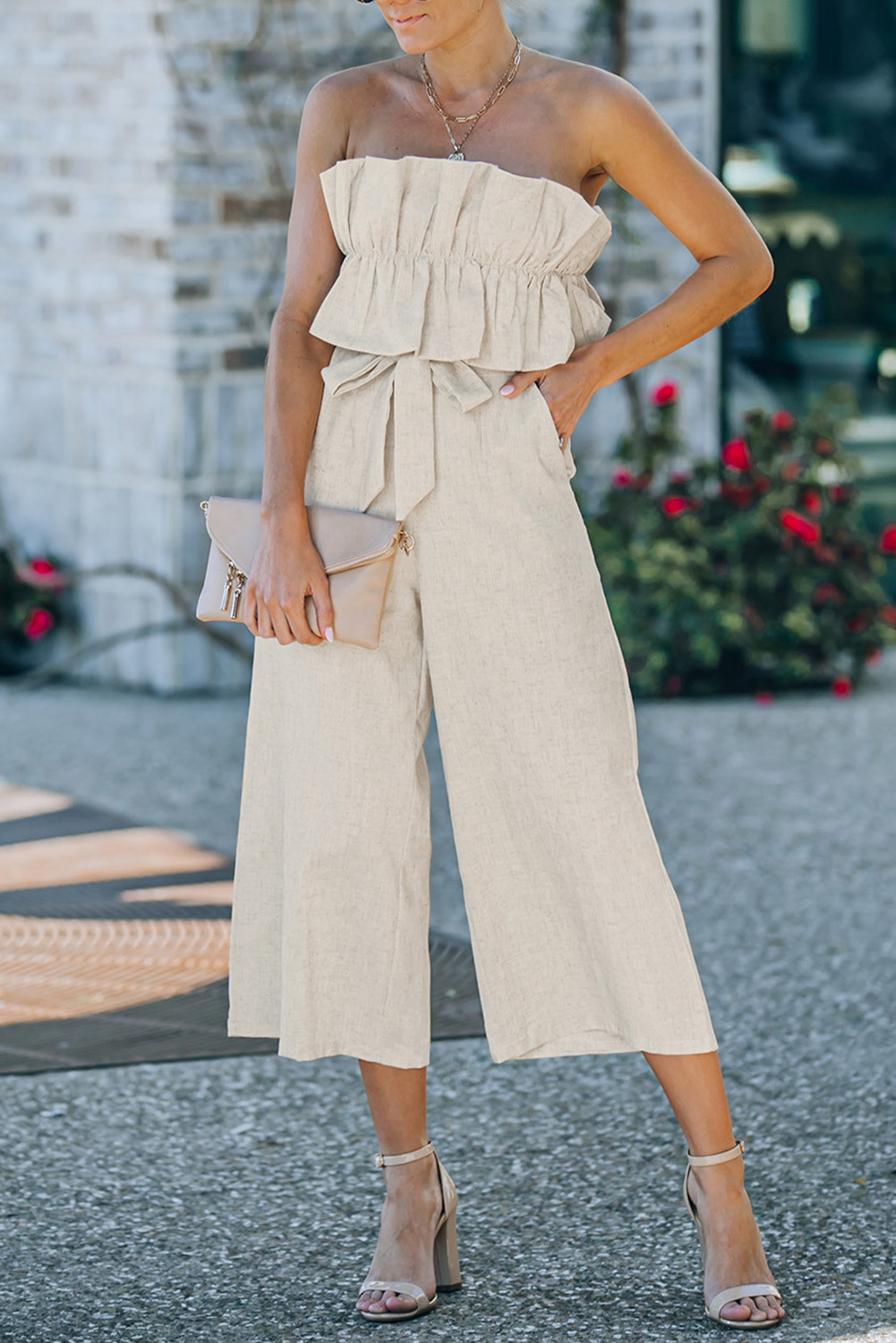 Beige Elegant Ruffled Strapless Wide Leg Jumpsuit | Shewin