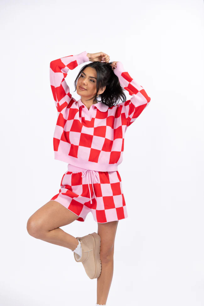Waiting On A Sign Pink and Red Checkered Knit Set | Pink Lily