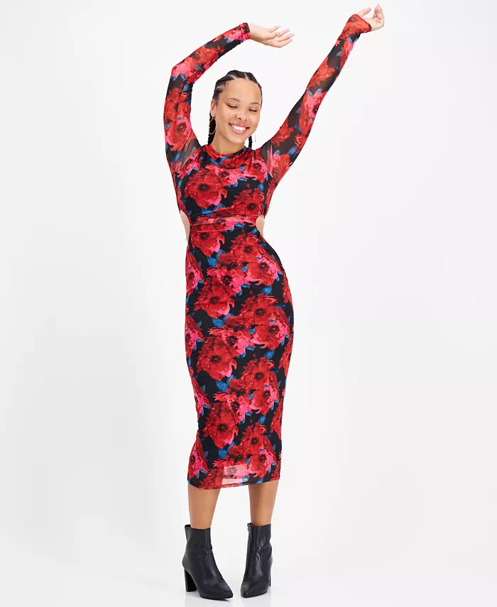 Women's Mesh-Overlay Side-Cutout Bodycon Midi Dress, Created for Macy's | Macys (US)