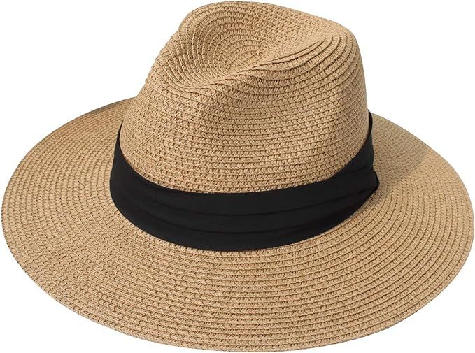 DRESHOW Women Belt Buckle Fedora Hat Classic Wide Brim Felt Panama Hat | Amazon (US)