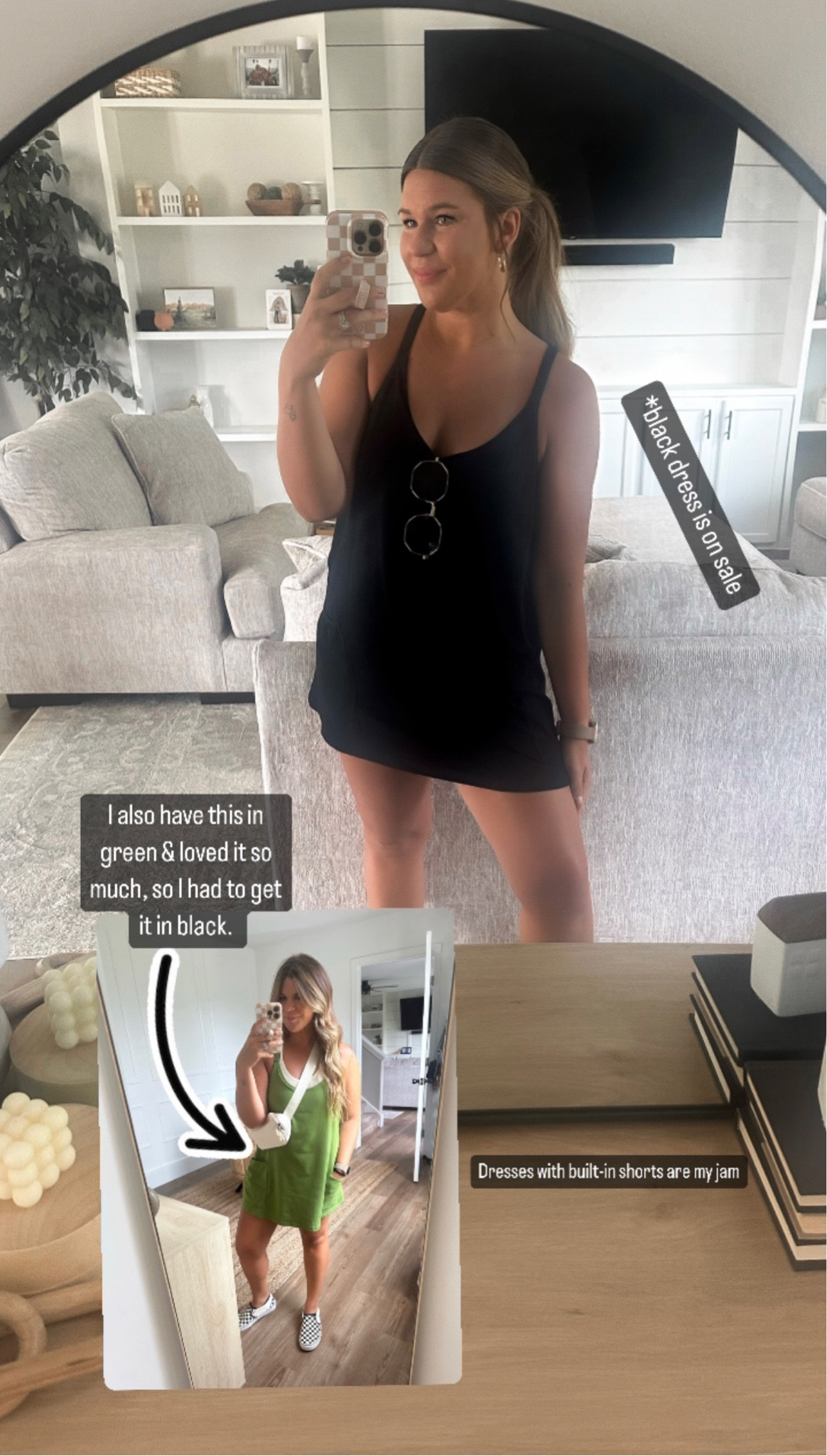 I love the Amazon Free People hot shot mini dress dupe! So much that I have it in black and green now! Give me all the dresses with built-in shorts. The black color is on sale right now  