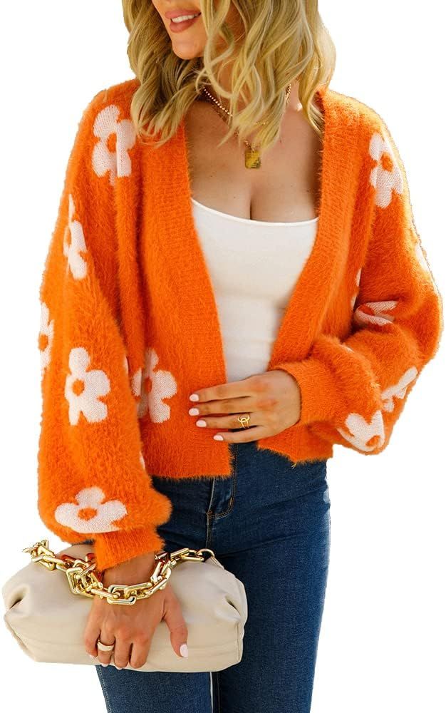 Women's Long Sleeve Open Front Cardigan Loose Knit Sweater Cardigans Floral Casual Outerwear | Amazon (US)