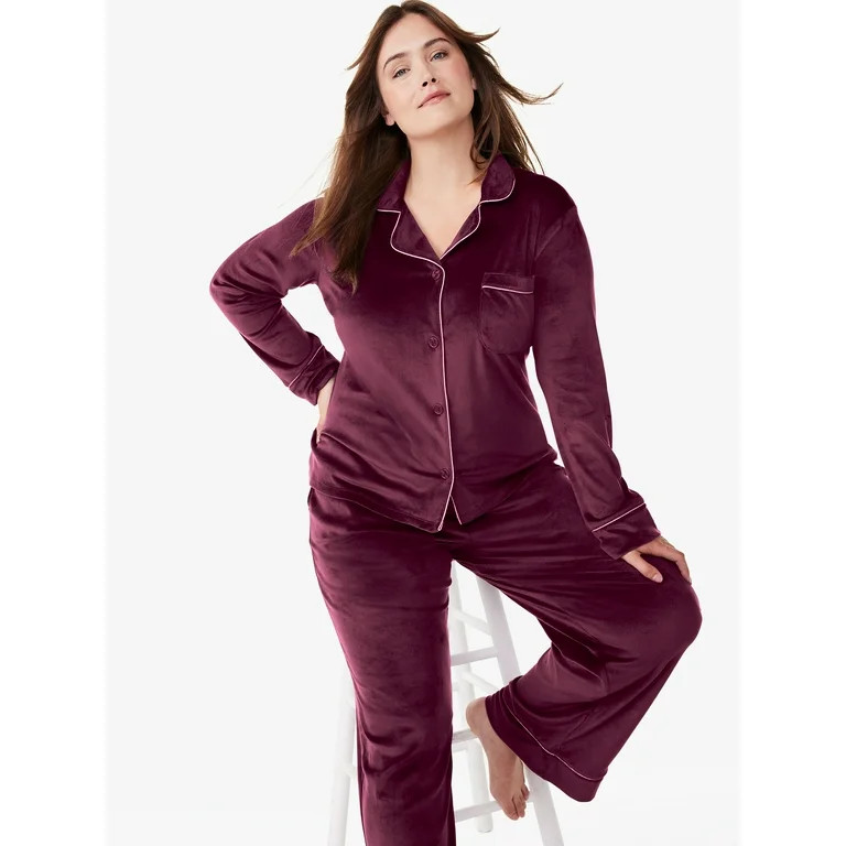 Joyspun Women’s Stretch Velour Notch Collar Top with Pants, 2-Piece Pajama Set, Sizes S to 3X -... | Walmart (US)