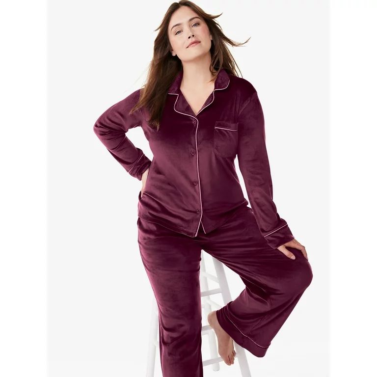 Joyspun Women’s Stretch Velour Notch Collar Top with Pants, 2-Piece Pajama Set, Sizes S to 3X | Walmart (US)