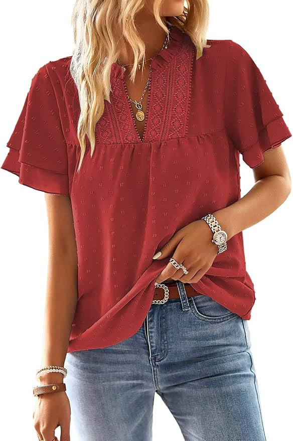 Womens Tops Butterfly Sleeve V Neck Blouses for Women Dressy Casual Flowy Swiss Dot Ruffle Short ... | Amazon (US)