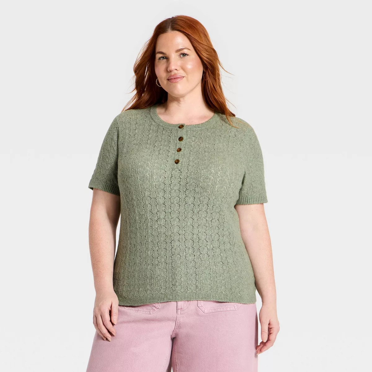 Women's Short Sleeve Heirloom Henley Pullover Sweater - Universal Thread\u2122 Heather Green XXL | Target