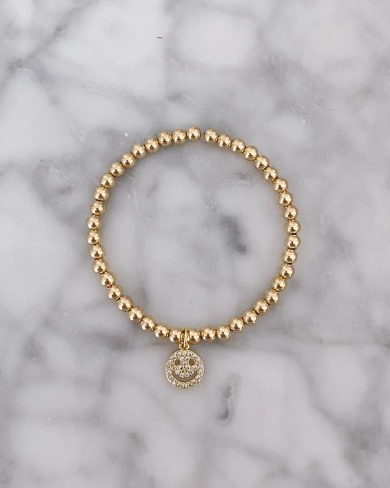 4mm 14k Gold Filled Beaded Bracelet | Happy Face Charm | Smile Bracelet | Gold Ball Bead Bracelet | Etsy (US)