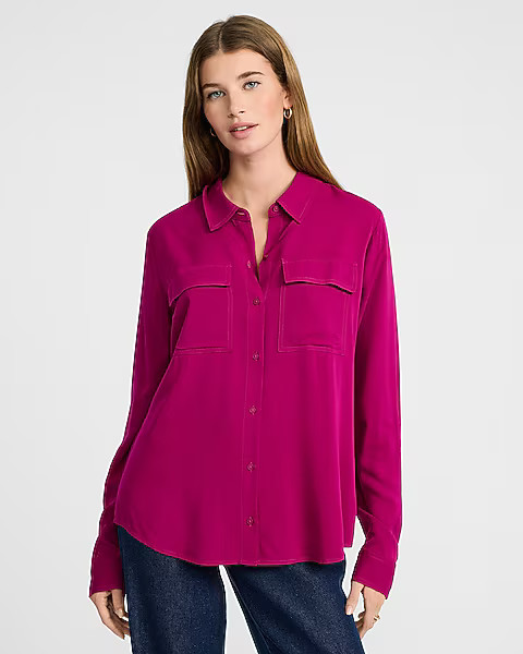 Twill Double Flap Pocket Rolled Sleeve Utility Portofino Shirt | Express