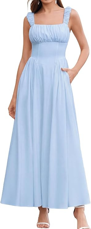 HTZMO Floral Wedding Guest Maxi Sundress 2026 Women Summer Square Neck Ruched A Line Flowy Long D... | Amazon (US)