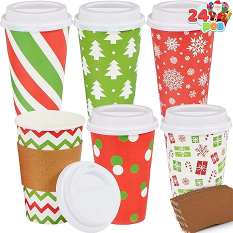 JOYIN 24 Pcs 16 oz Christmas Disposable Cups with Lids and Coffee Cup Sleeves for Xmas Holiday Ta... | Amazon (US)
