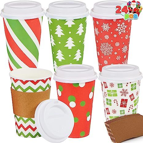 JOYIN 24 Pcs 16 oz Christmas Disposable Cups with Lids and Coffee Cup Sleeves for Xmas Holiday Ta... | Amazon (US)