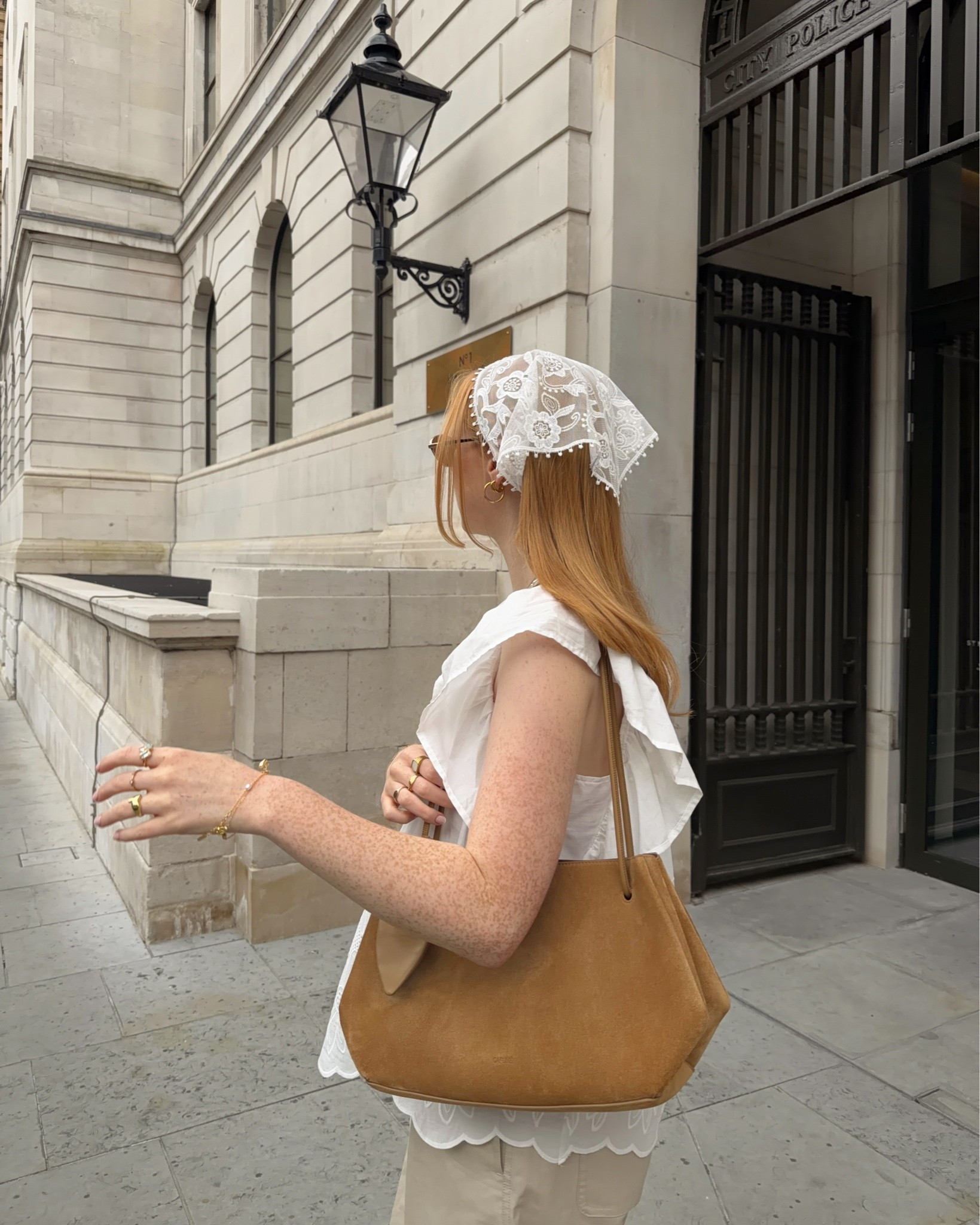 Hair Bandana, Lace Bandana, White Blouse, Suede Bag

#LTKsummer #LTKuk #LTKeurope