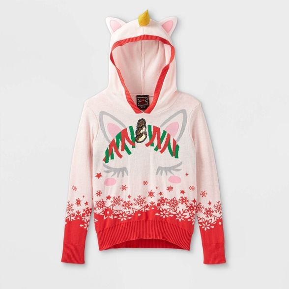 Girls' Unicorn Hooded Pullover Sweater - Pink/Red | Target