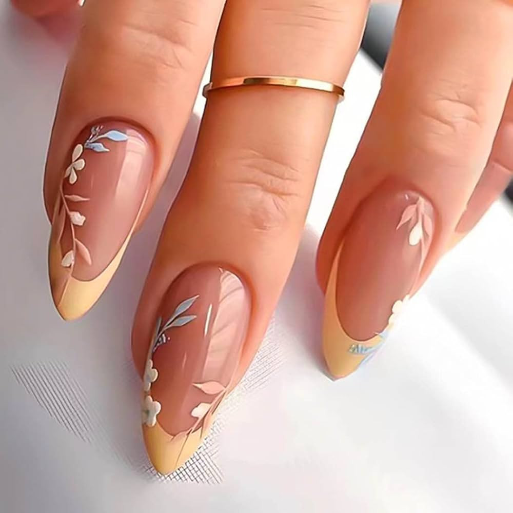RikView French Tip Press on Nails Medium Length Fake Nails Almond Acrylic Nails Glossy Yellow Nai... | Amazon (US)