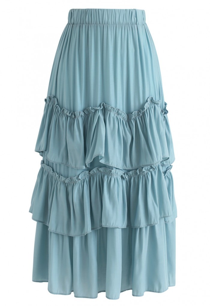 One More Tiered Ruffle Skirt in Cyan | Chicwish