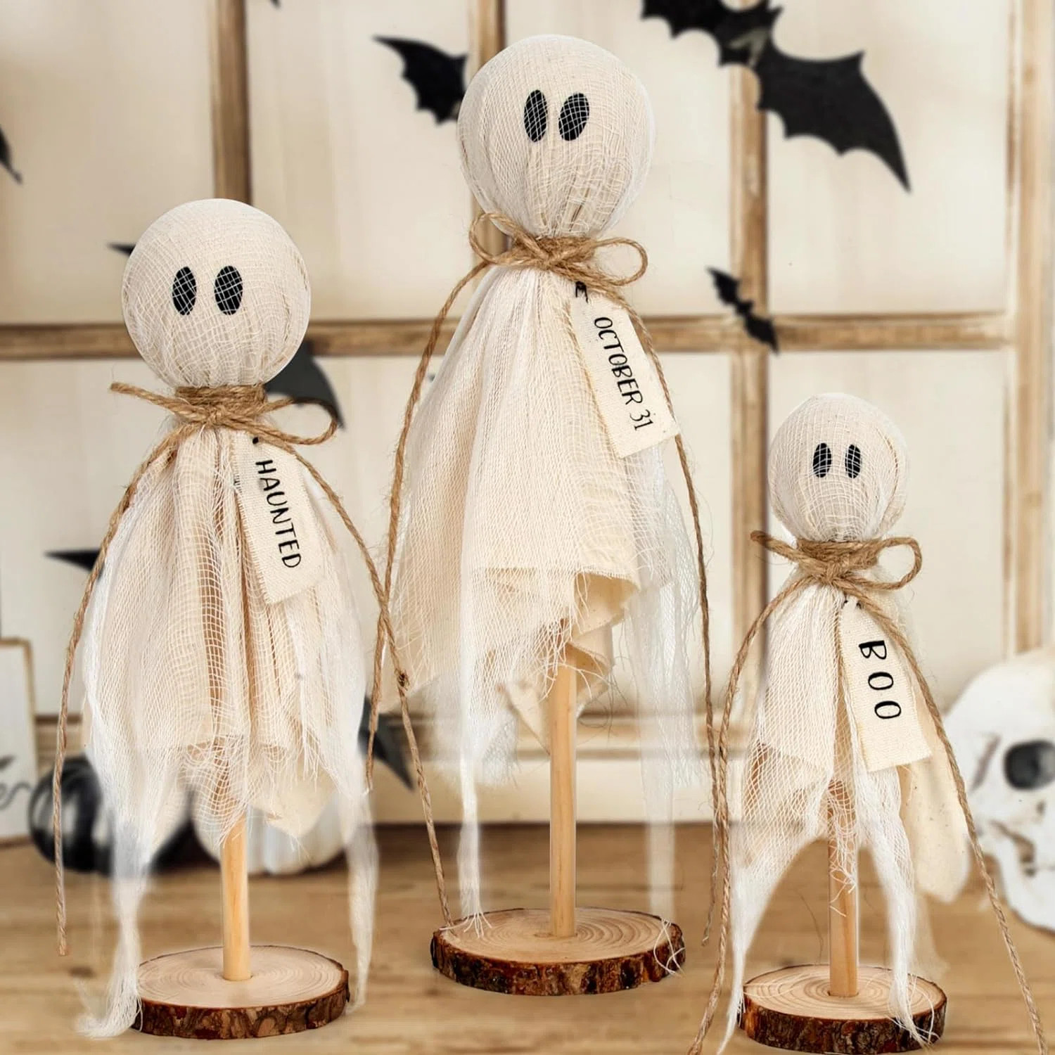 Ophelia & Co. Halloween Decorations Indoor - Set of 3 Primitive Halloween Ghosts on Wooden Stand ... | Wayfair North America