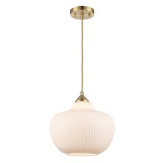 1-Light Gold Hanging Pendant Light Fixture with White Ribbed Glass Shade | The Home Depot