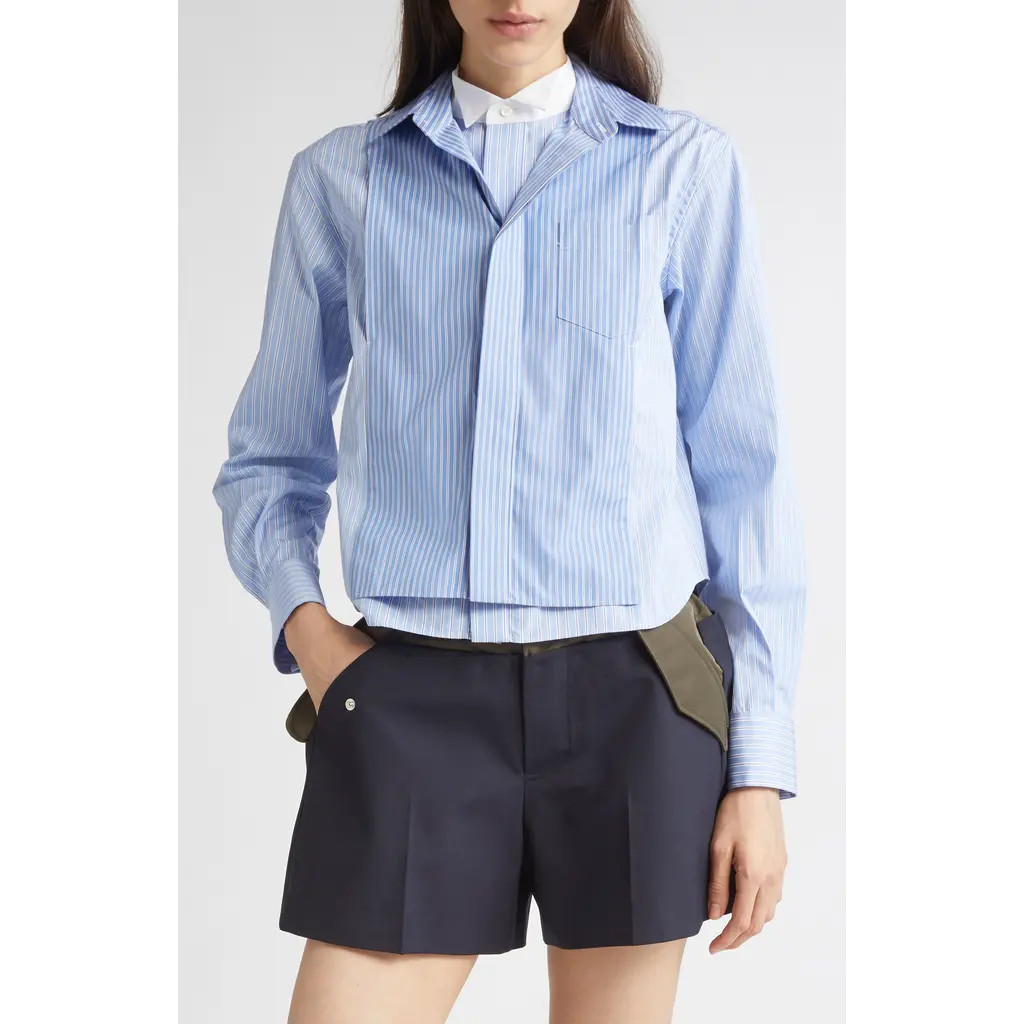 Sacai Stripe Overlay Poplin Button-Up Shirt in Stripe Mix at Nordstrom, Size 4 | Nordstrom