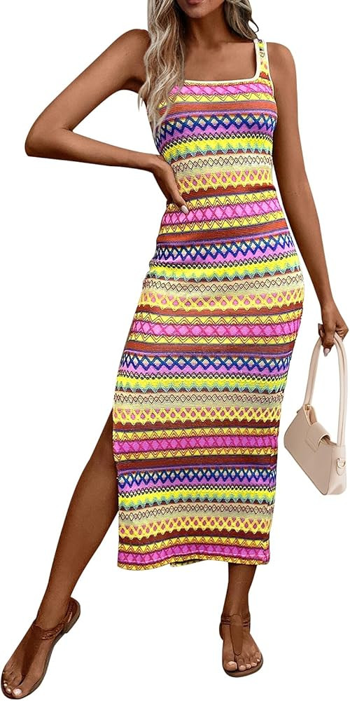 PRETTYGARDEN Tank Dress for Women 2026 Summer Casual Striped Maxi Dresses Fitted Square Neck Beac... | Amazon (US)