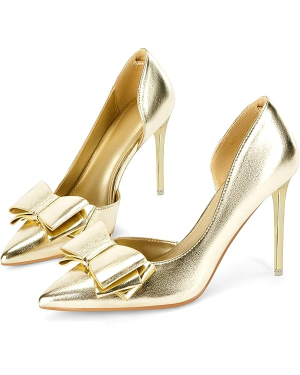 Womens Bow Heels Closed Pointed Toe Dress Shoes Stiletto Slip on Wedding Pumps | Amazon (US)