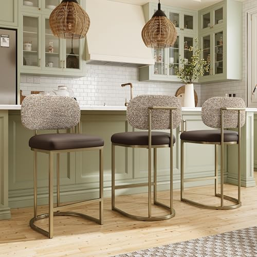 MAISON ARTS 24'' Bar Stools Set of 3 Counter Height Barstools with Backs, Modern Bar Chairs with Gold Metal Legs for Kitchen Island Dining Room, PU Leather Upholstered Stools, Taupe | Amazon (US)