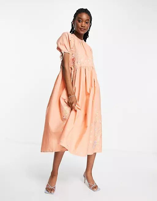 ASOS DESIGN cotton poplin embroidered midi smock dress with open back in peach | ASOS (Global)