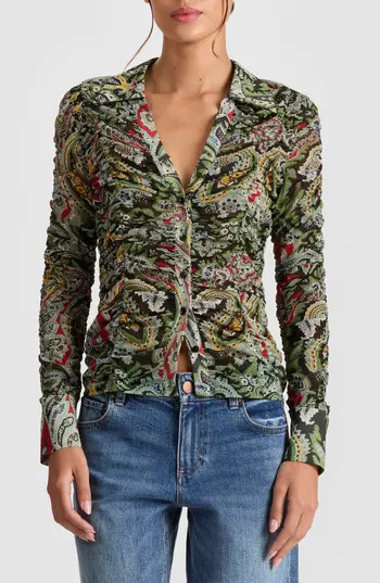 Alice + Olivia Portia Paisley Center Ruched Button-Up Shirt in Paisley Poem at Nordstrom Rack, Size Large | Nordstrom Rack