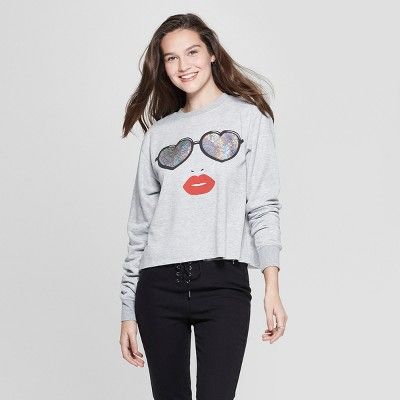 Women's Sunglasses Face Cropped Graphic Sweatshirt - Mighty Fine (Juniors') Heather Gray | Target
